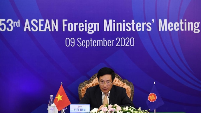 Vietnam's Foreign Minister Pham Binh Minh chairs a video meeting with foreign ministers from ASEAN nations in Hanoi, Vietnam, September 9, 2020. (Credit: AFP)